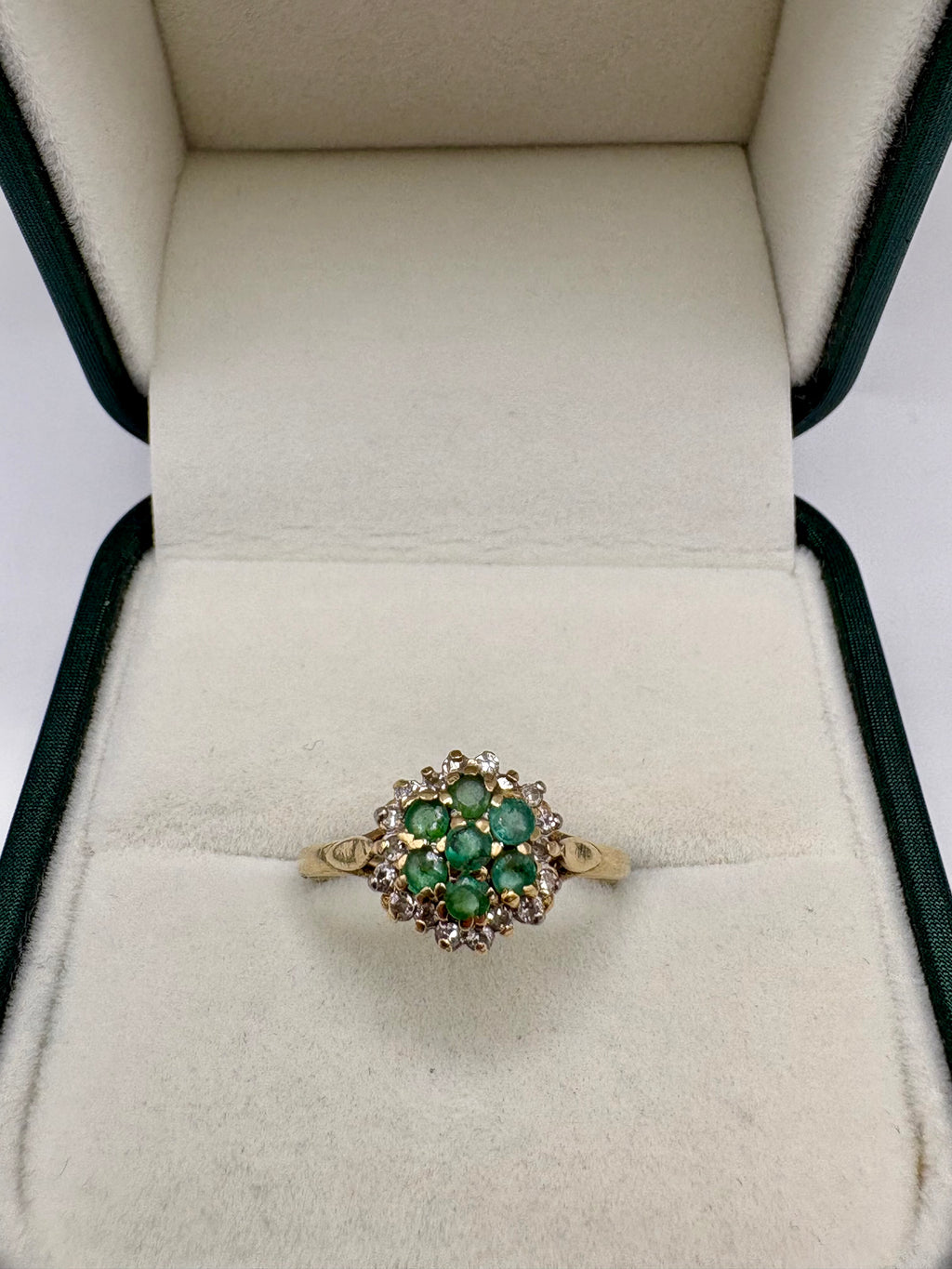 9ct gold emerald and diamond cluster ring