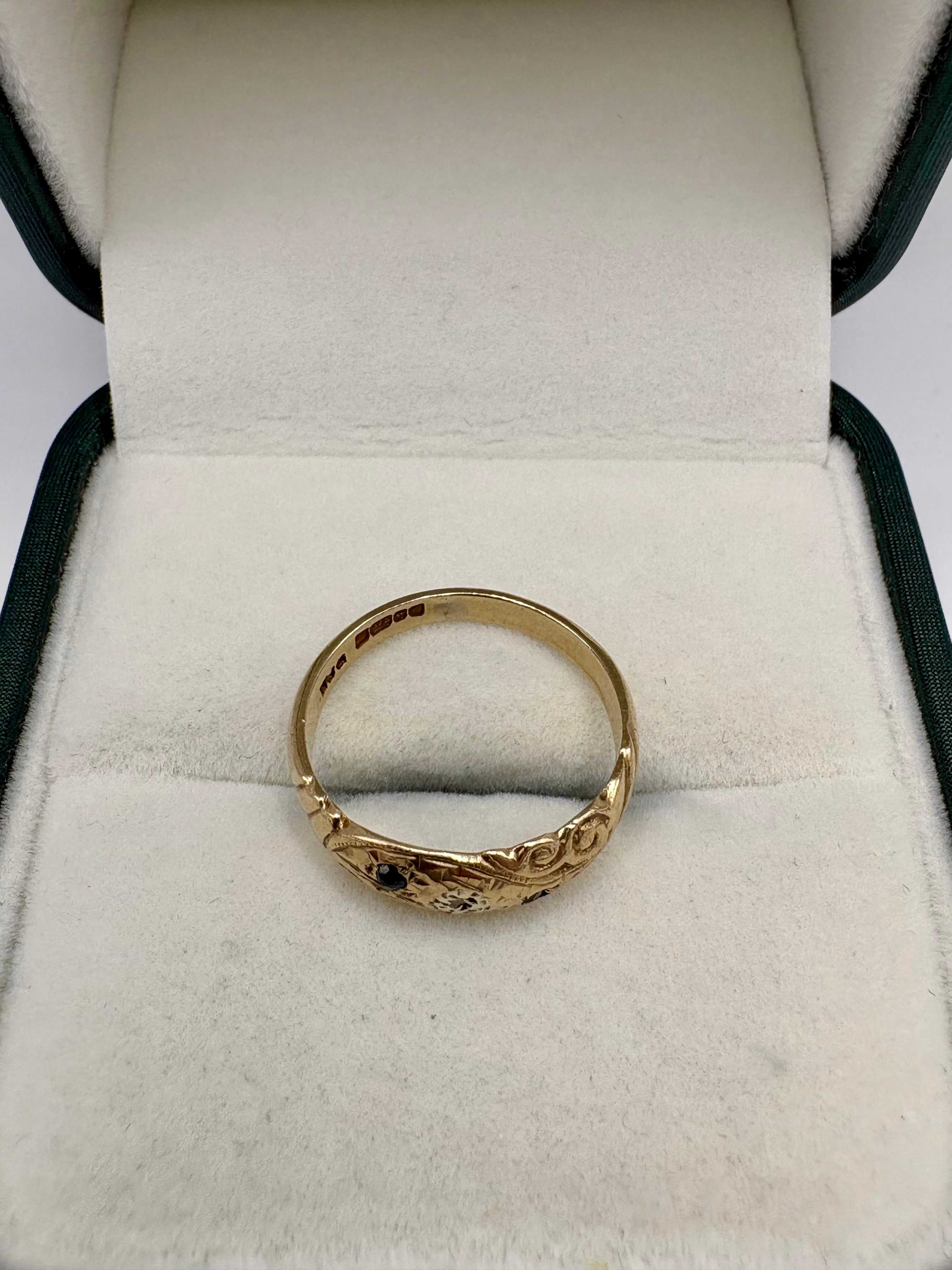 9ct gold heavy sapphire and diamond gypsy ring