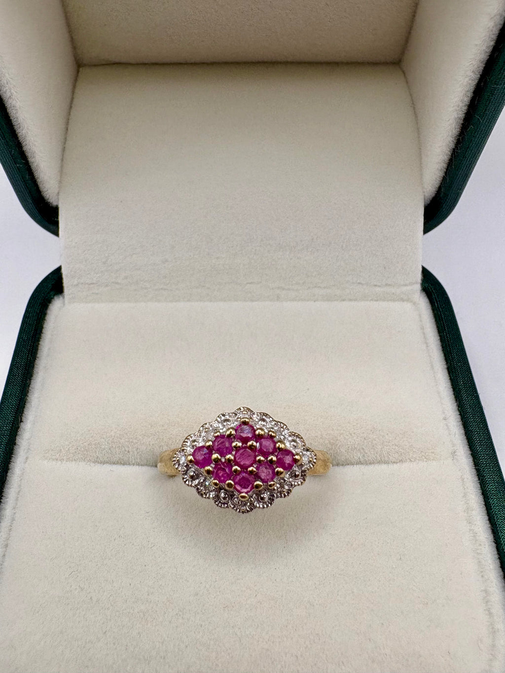 9ct gold ruby and diamond cluster ring