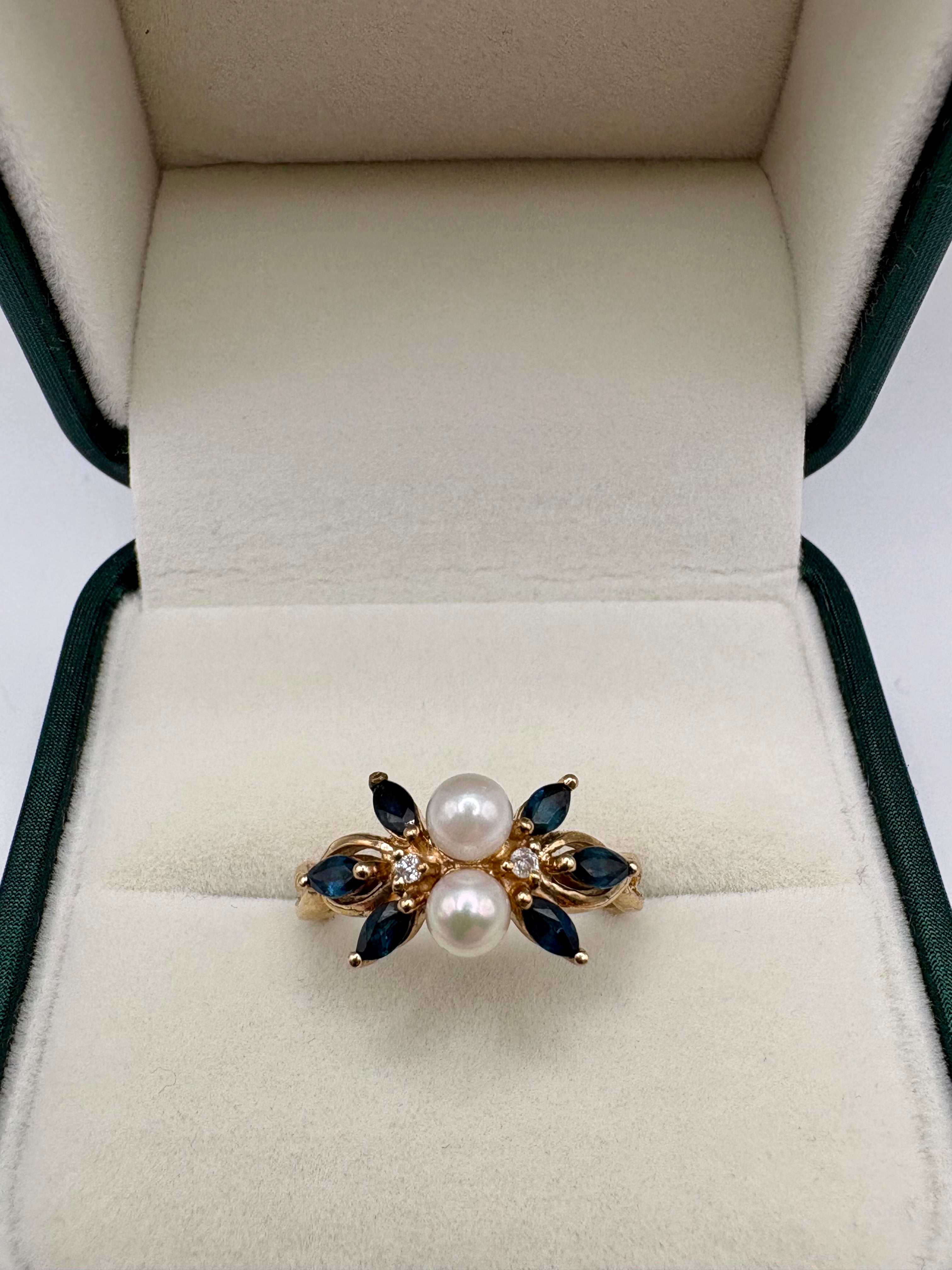 9ct gold sapphire, pearl and diamond ring