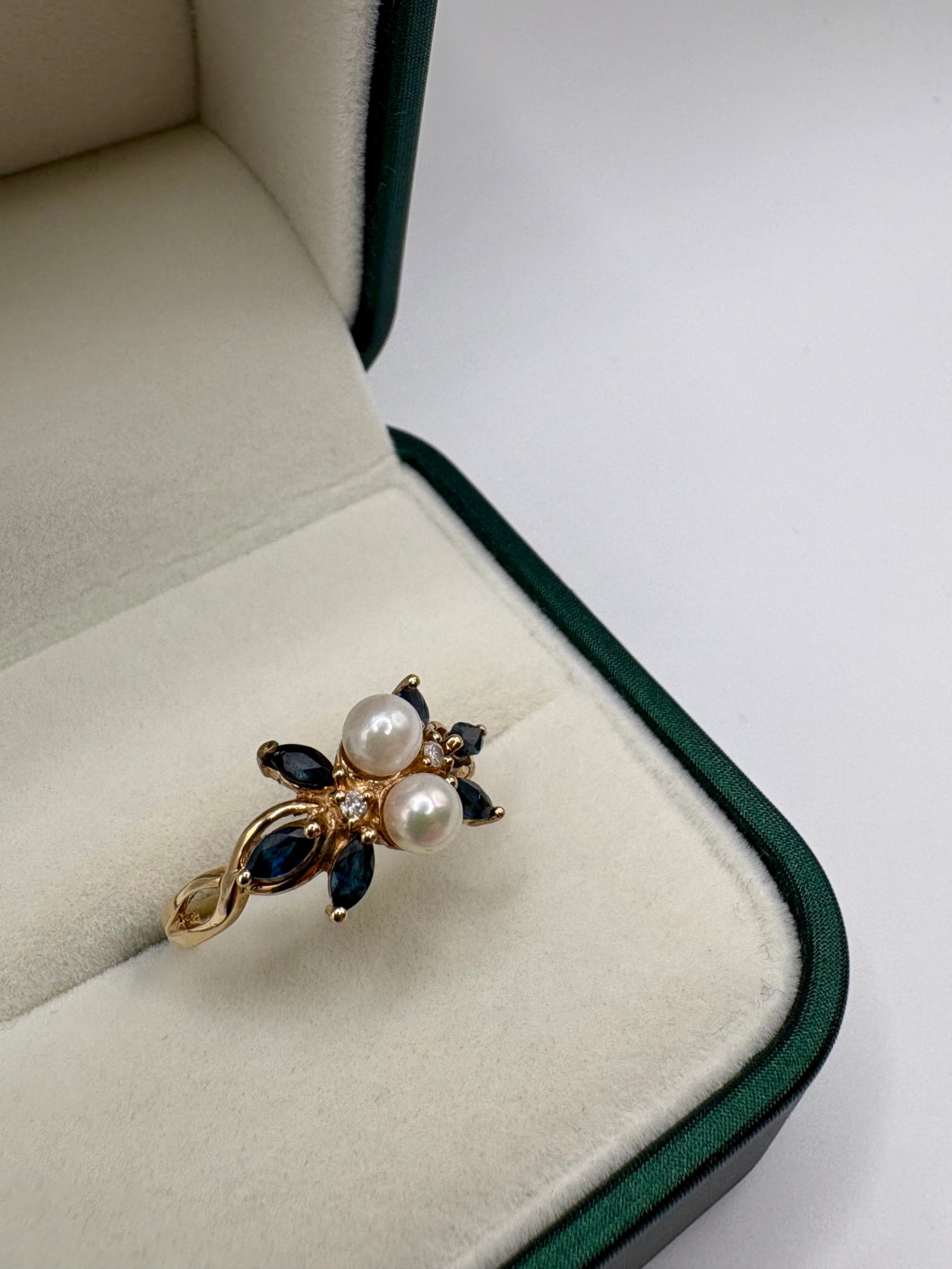 9ct gold sapphire, pearl and diamond ring