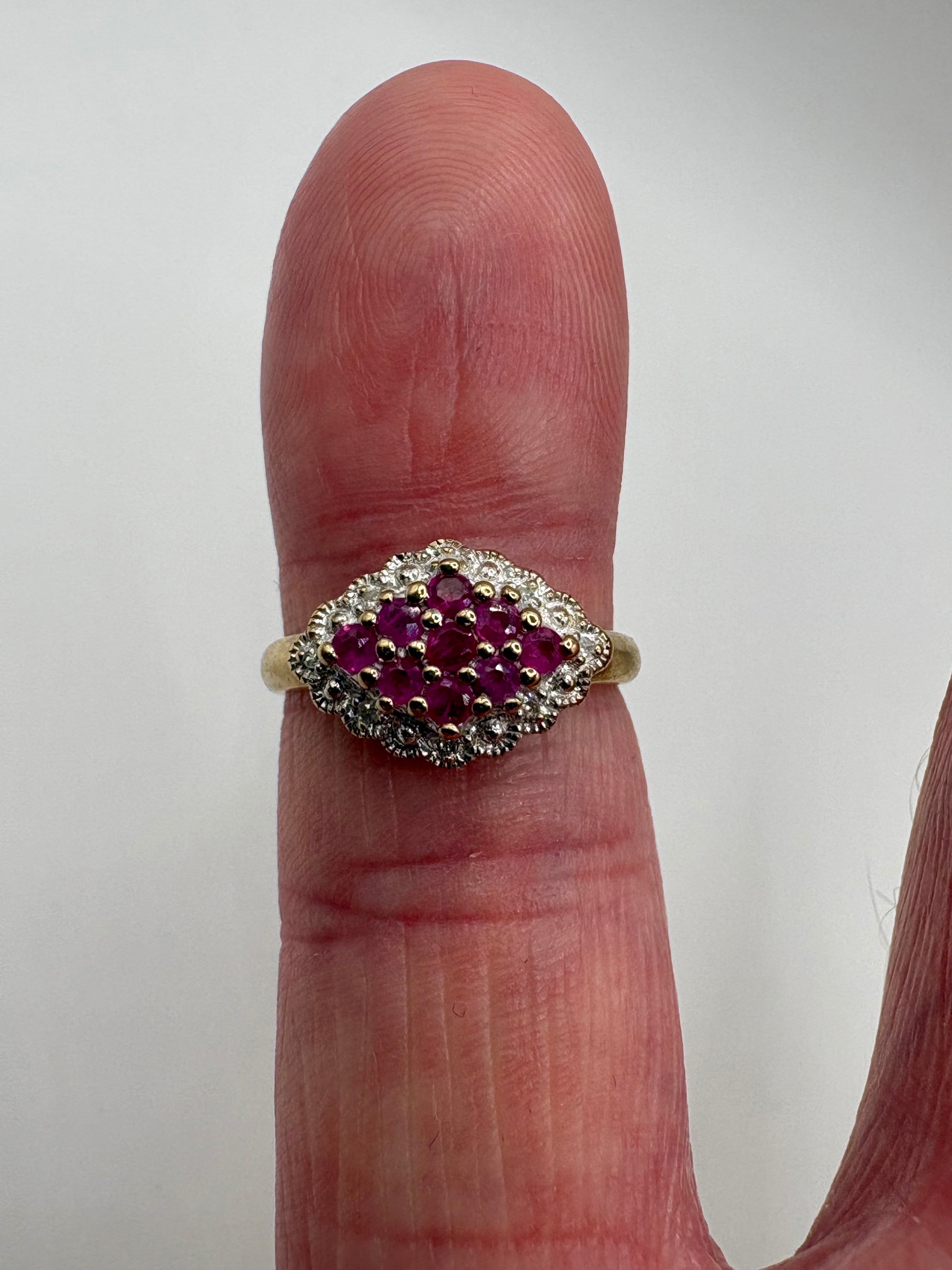 9ct gold ruby and diamond cluster ring
