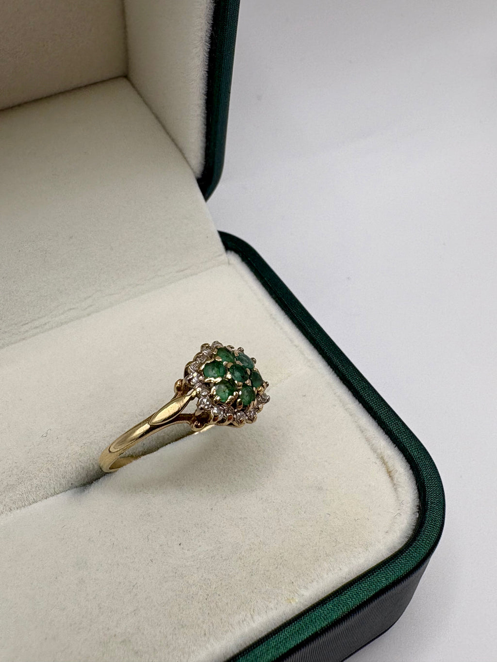 9ct gold emerald and diamond cluster ring