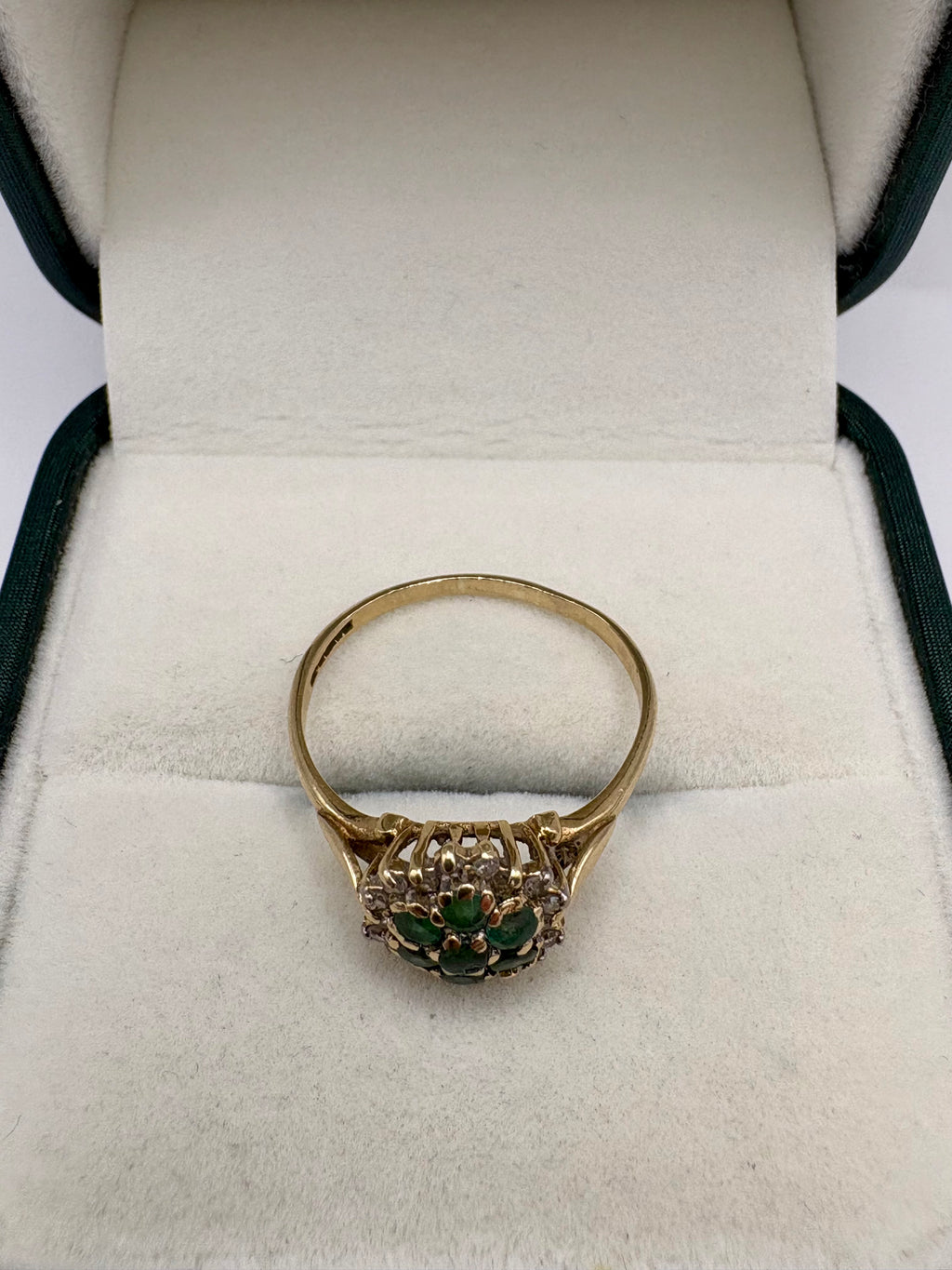 9ct gold emerald and diamond cluster ring