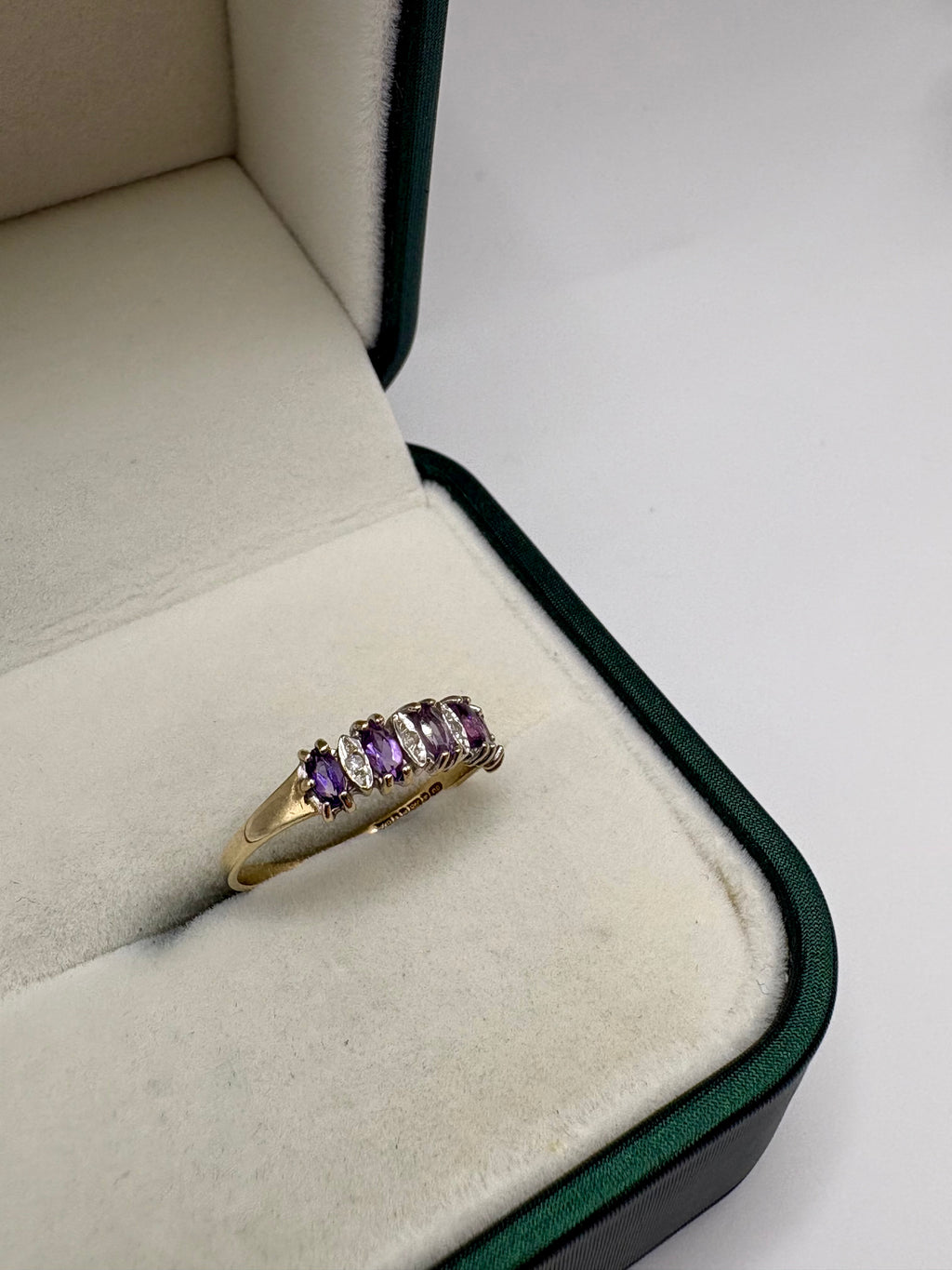 9ct gold amethyst and diamond half eternity ring