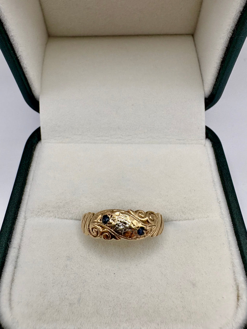 9ct gold heavy sapphire and diamond gypsy ring