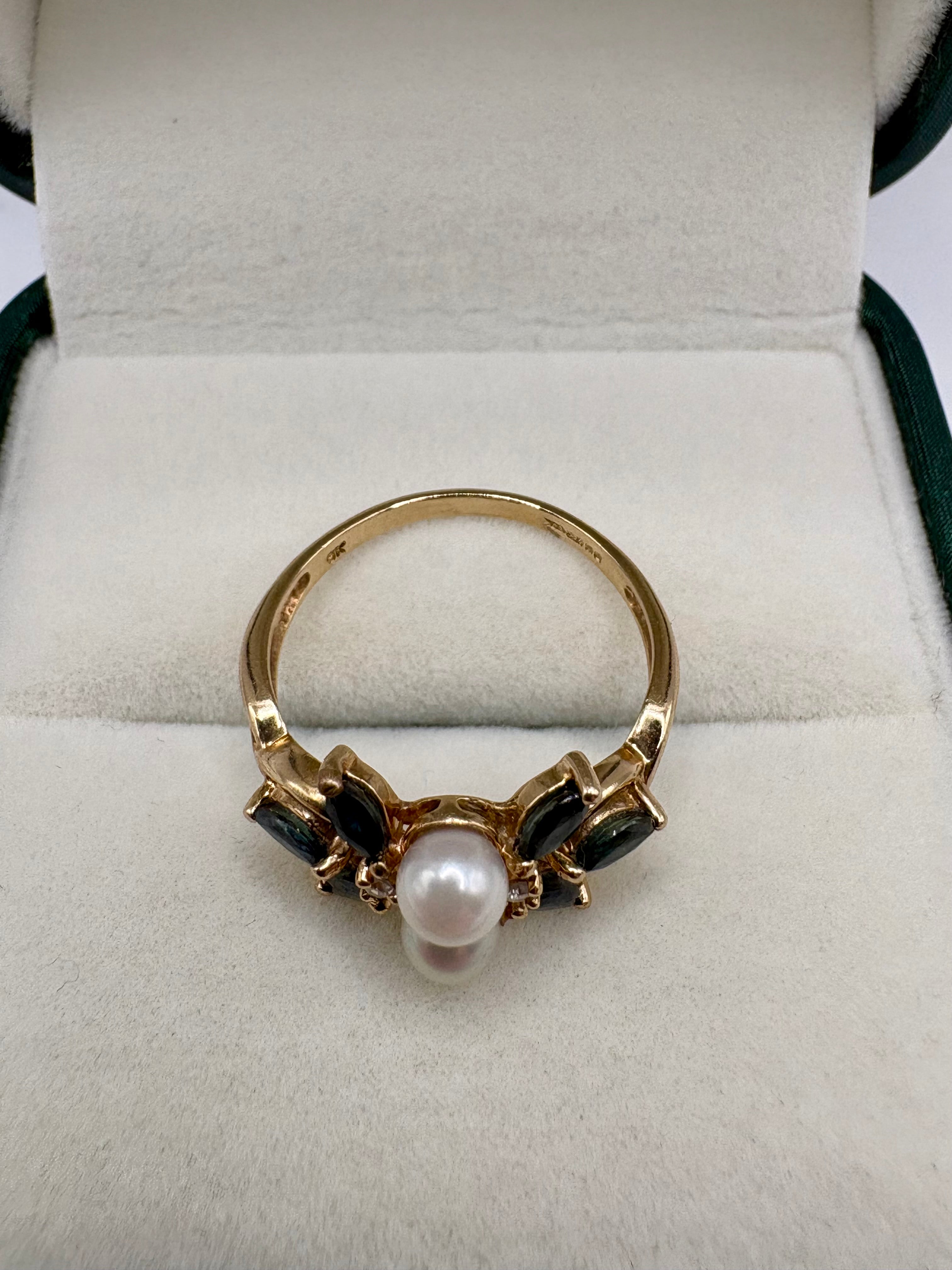 9ct gold sapphire, pearl and diamond ring