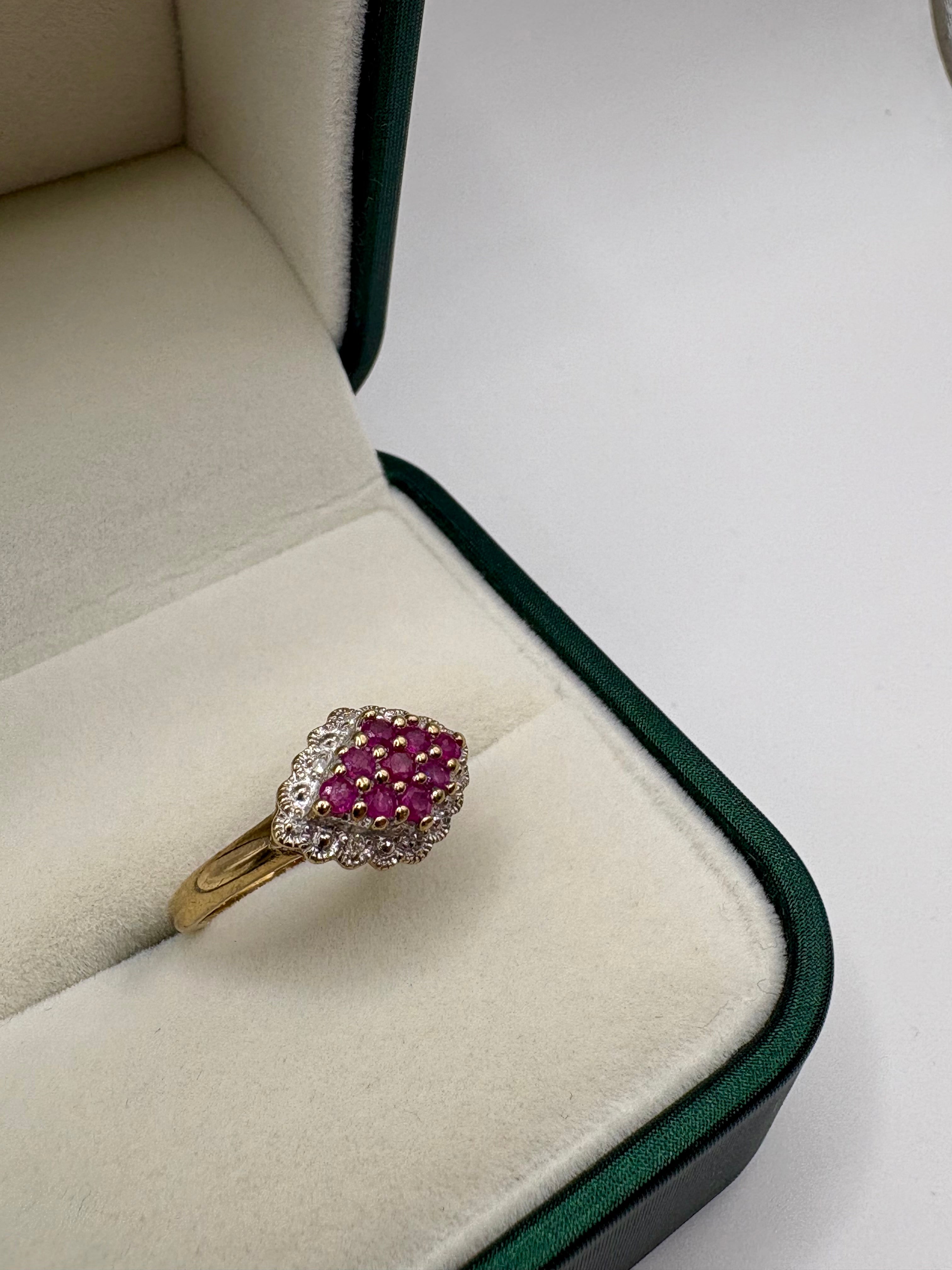 9ct gold ruby and diamond cluster ring