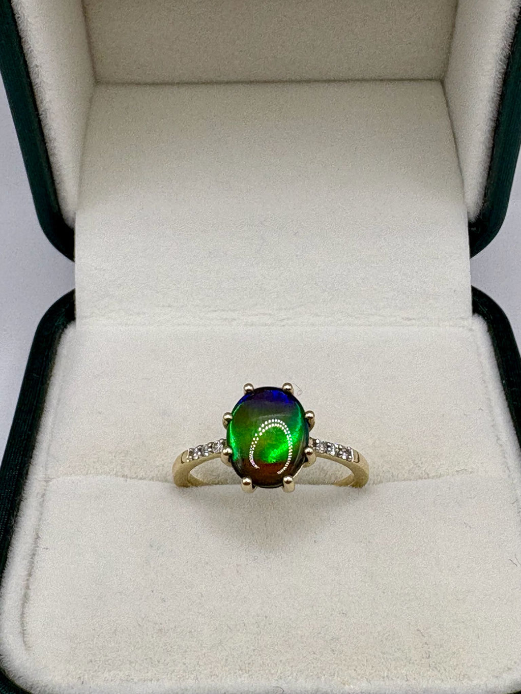 9ct gold ammolite and diamond ring