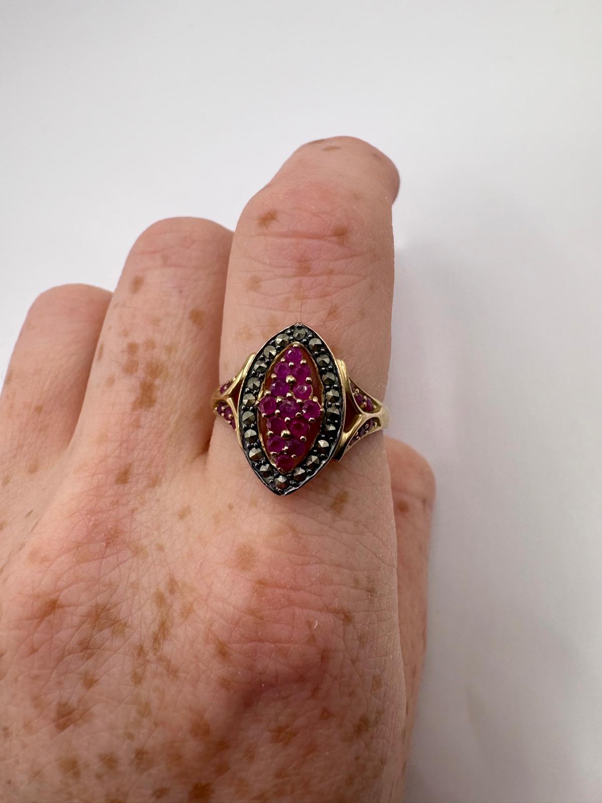 9ct gold heavy ruby and marcasite ring