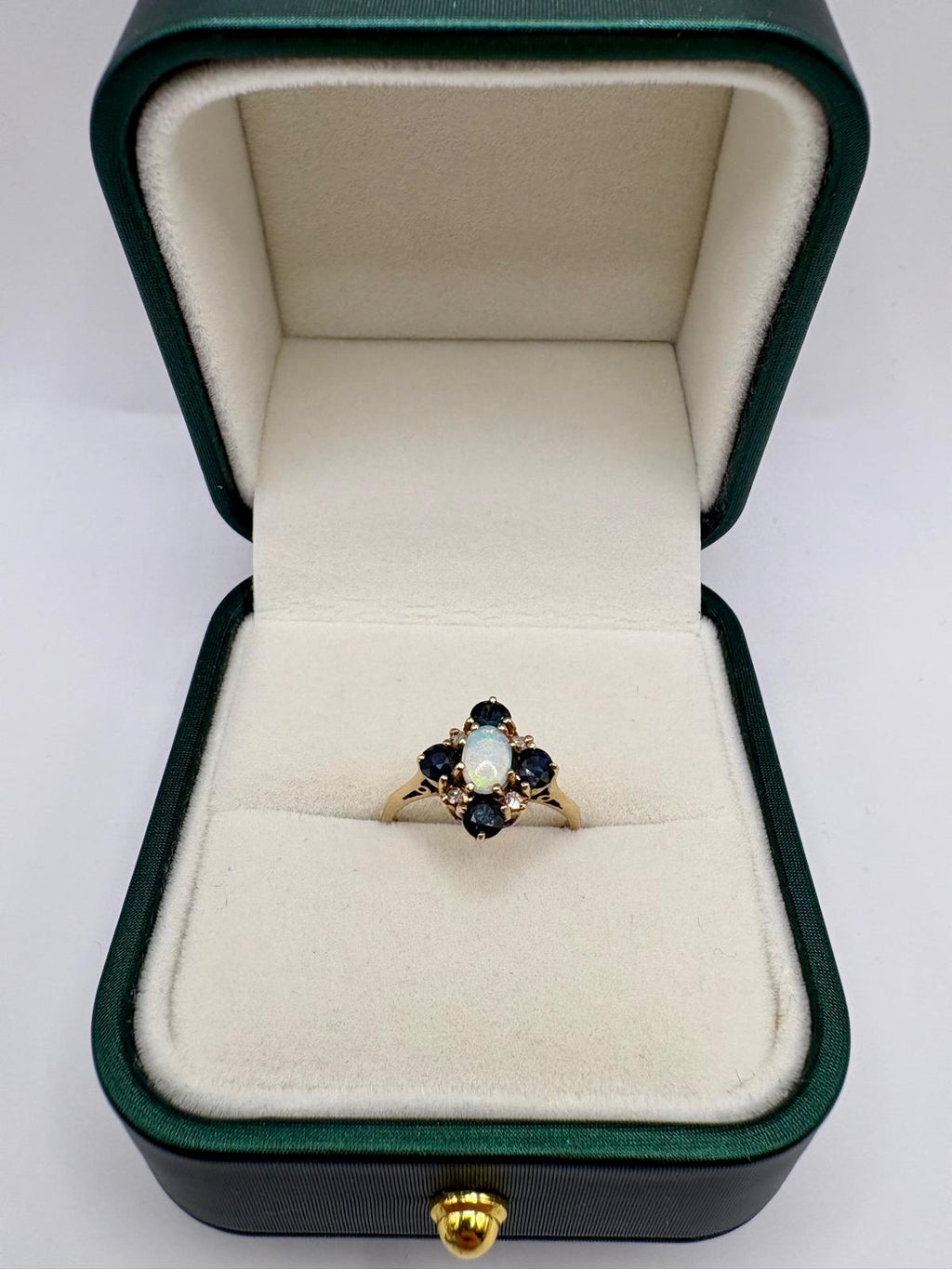 9ct gold opal, sapphire and diamond ring