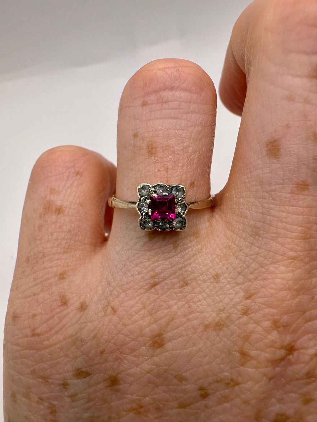 9ct gold synthetic Ruby and CZ ring