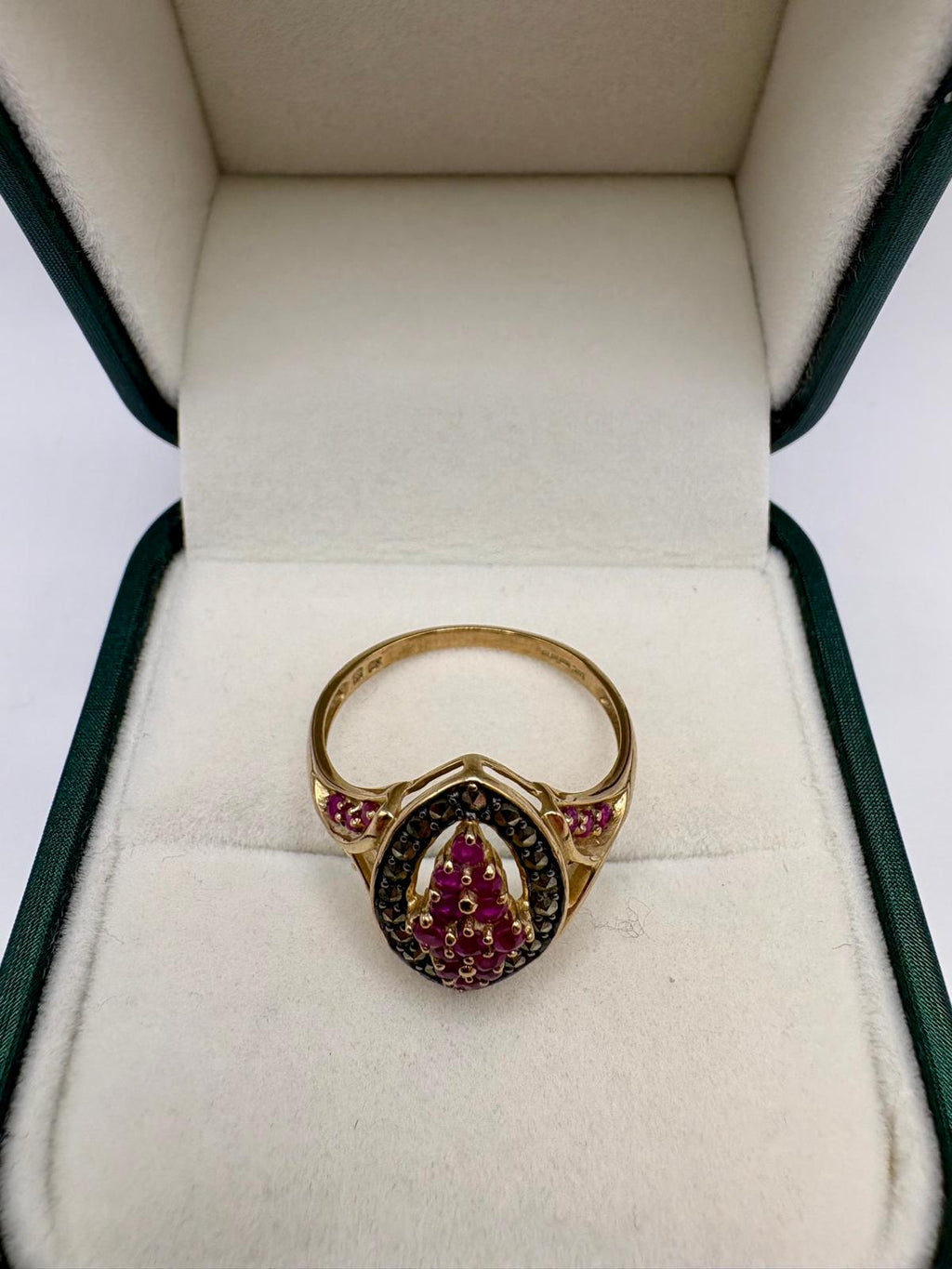 9ct gold heavy ruby and marcasite ring