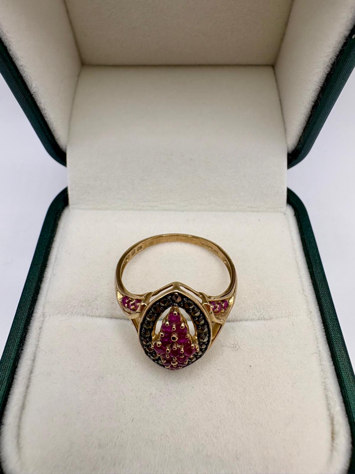9ct gold heavy ruby and marcasite ring