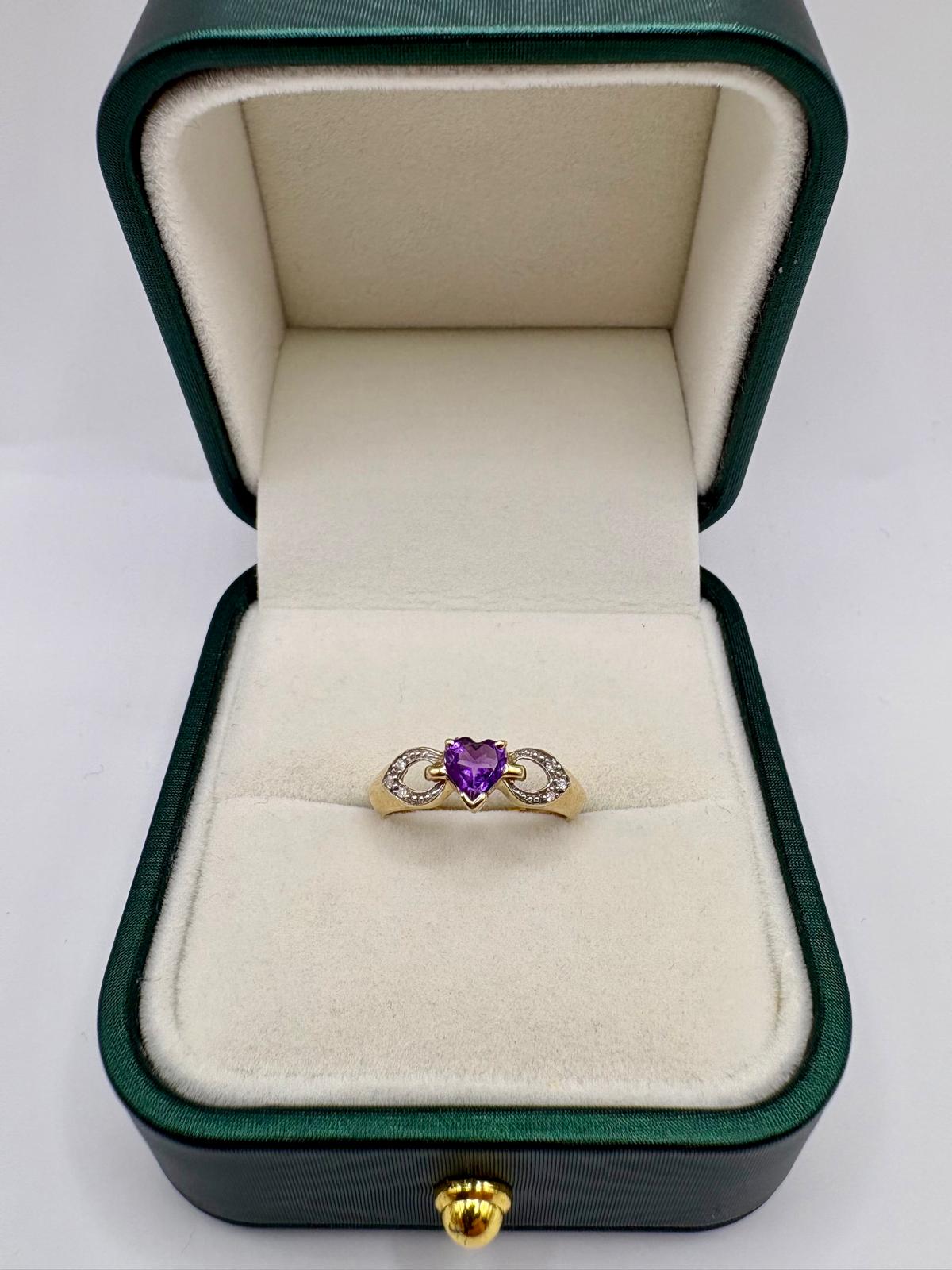 9ct gold heart amethyst and diamond ring