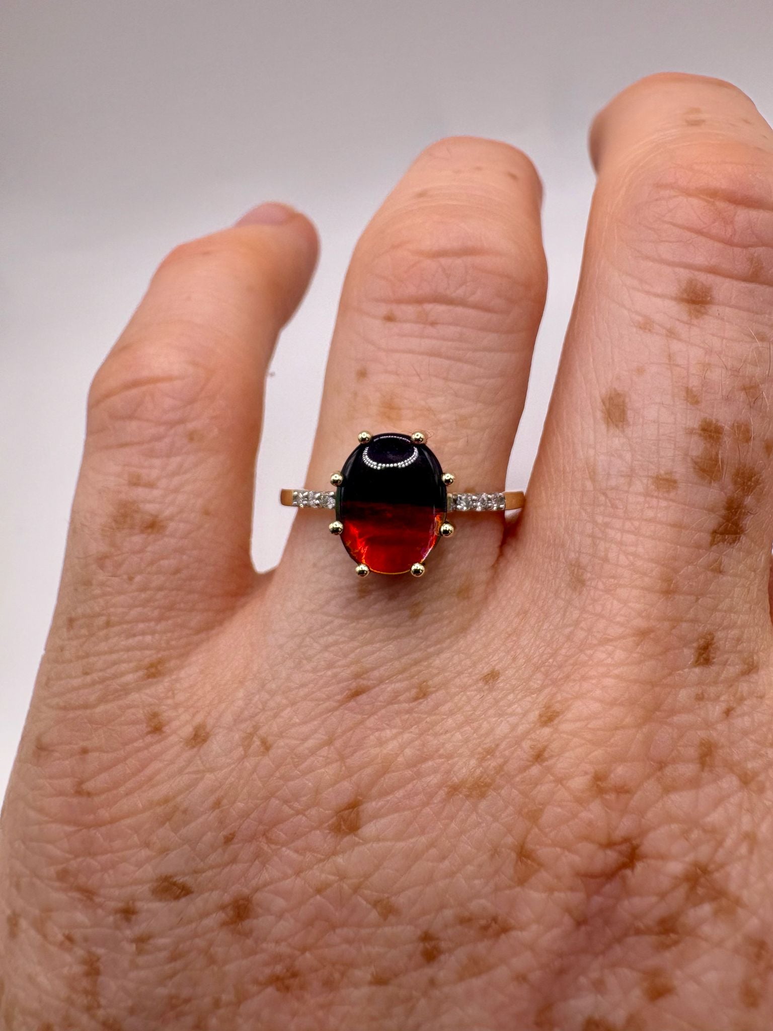 9ct gold ammolite and diamond ring