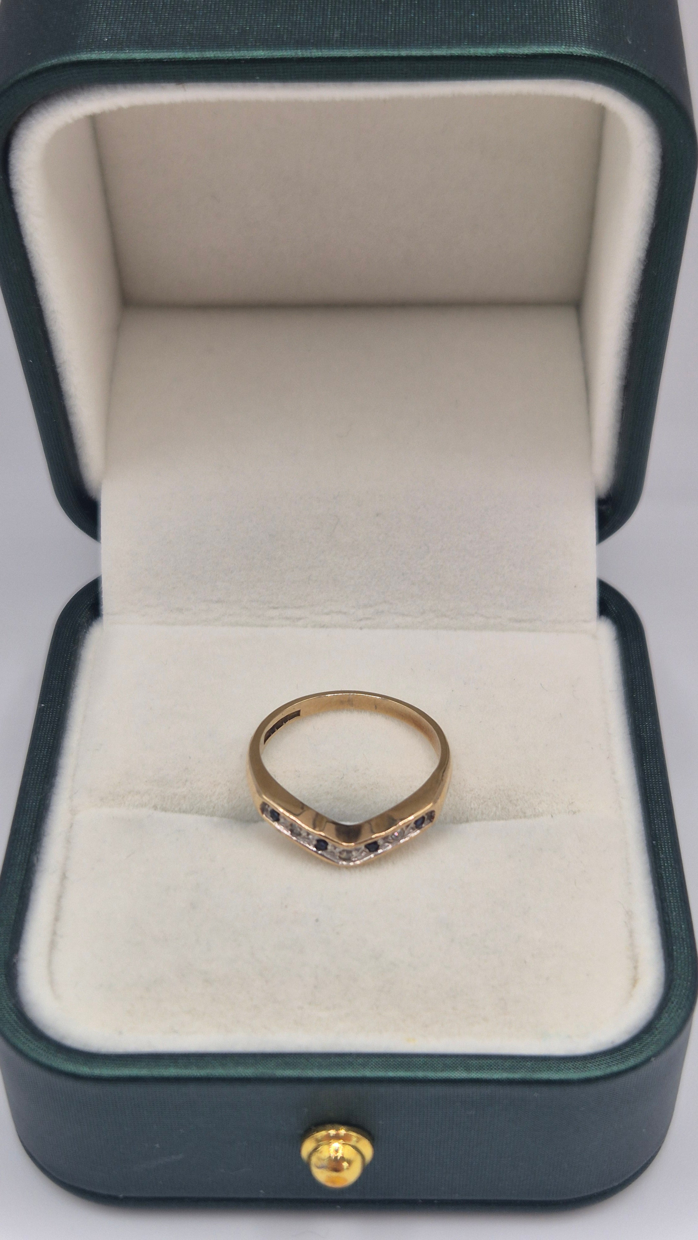 9ct gold diamond and sapphire wishbone ring