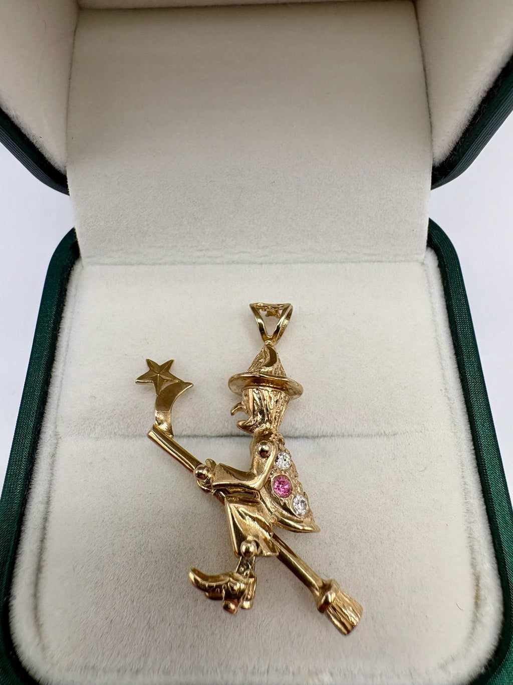9ct gold cz witch articulated witch pendant