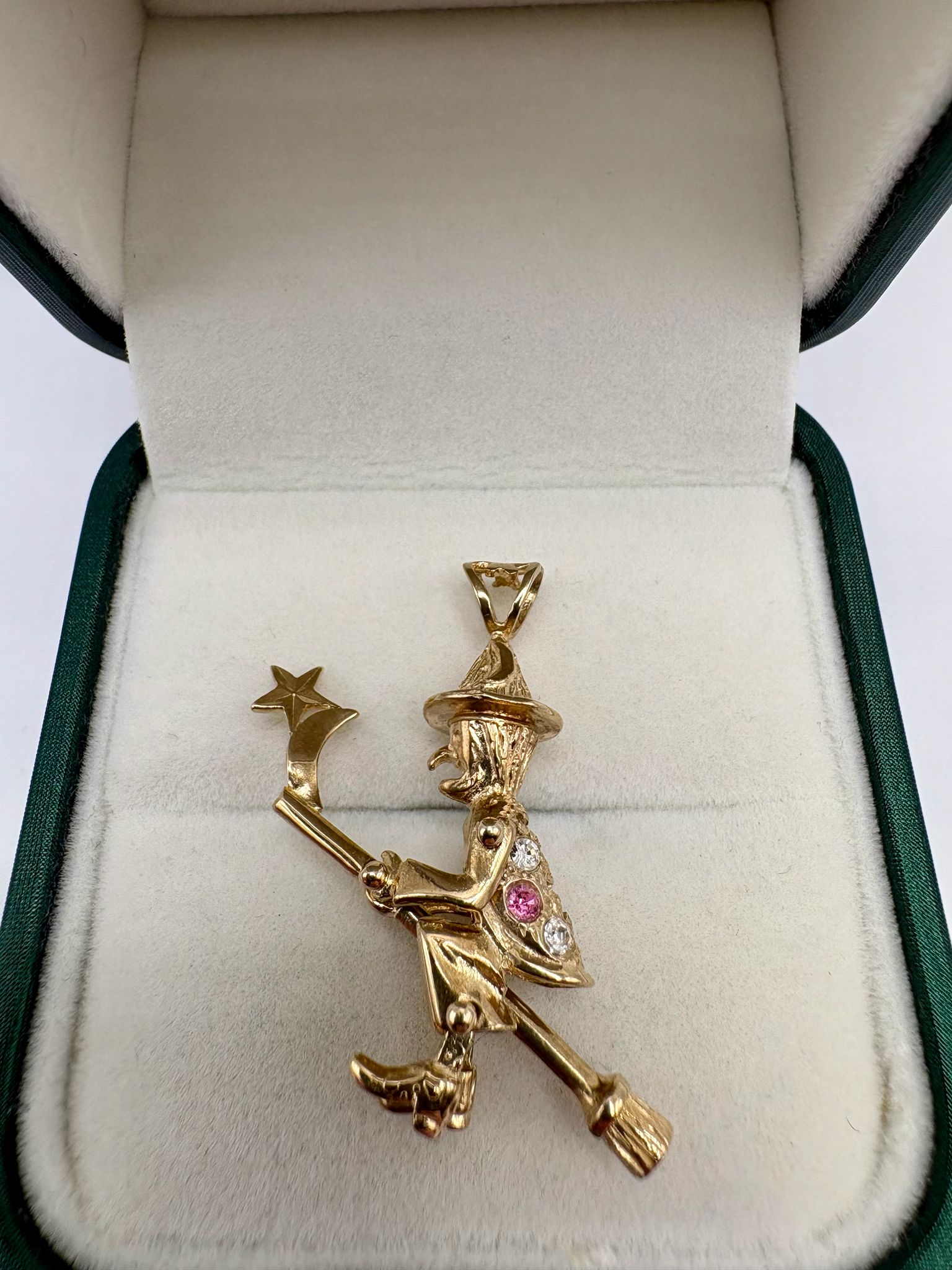 9ct gold cz witch articulated witch pendant