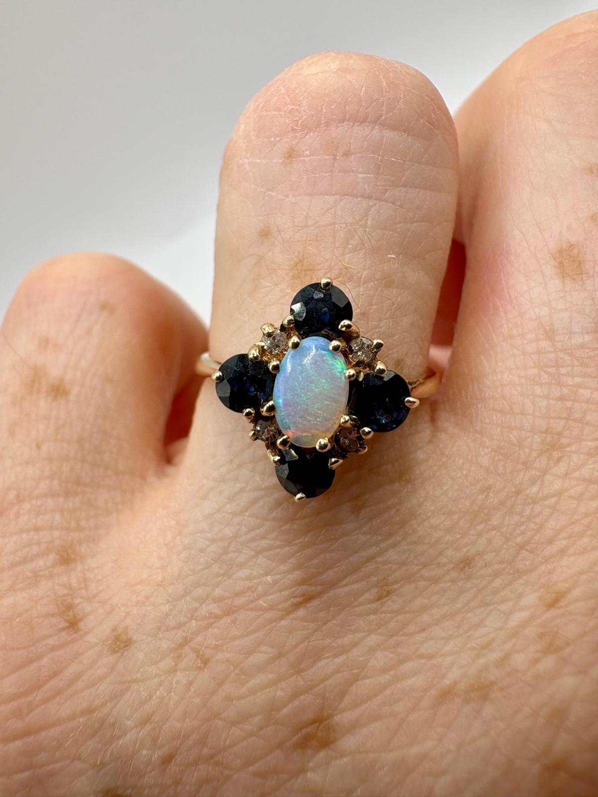 9ct gold opal, sapphire and diamond ring