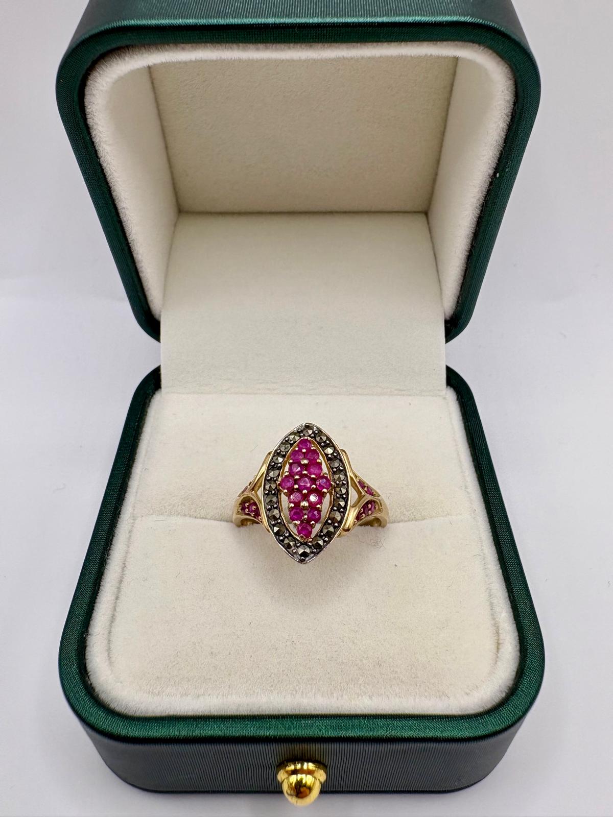 9ct gold heavy ruby and marcasite ring