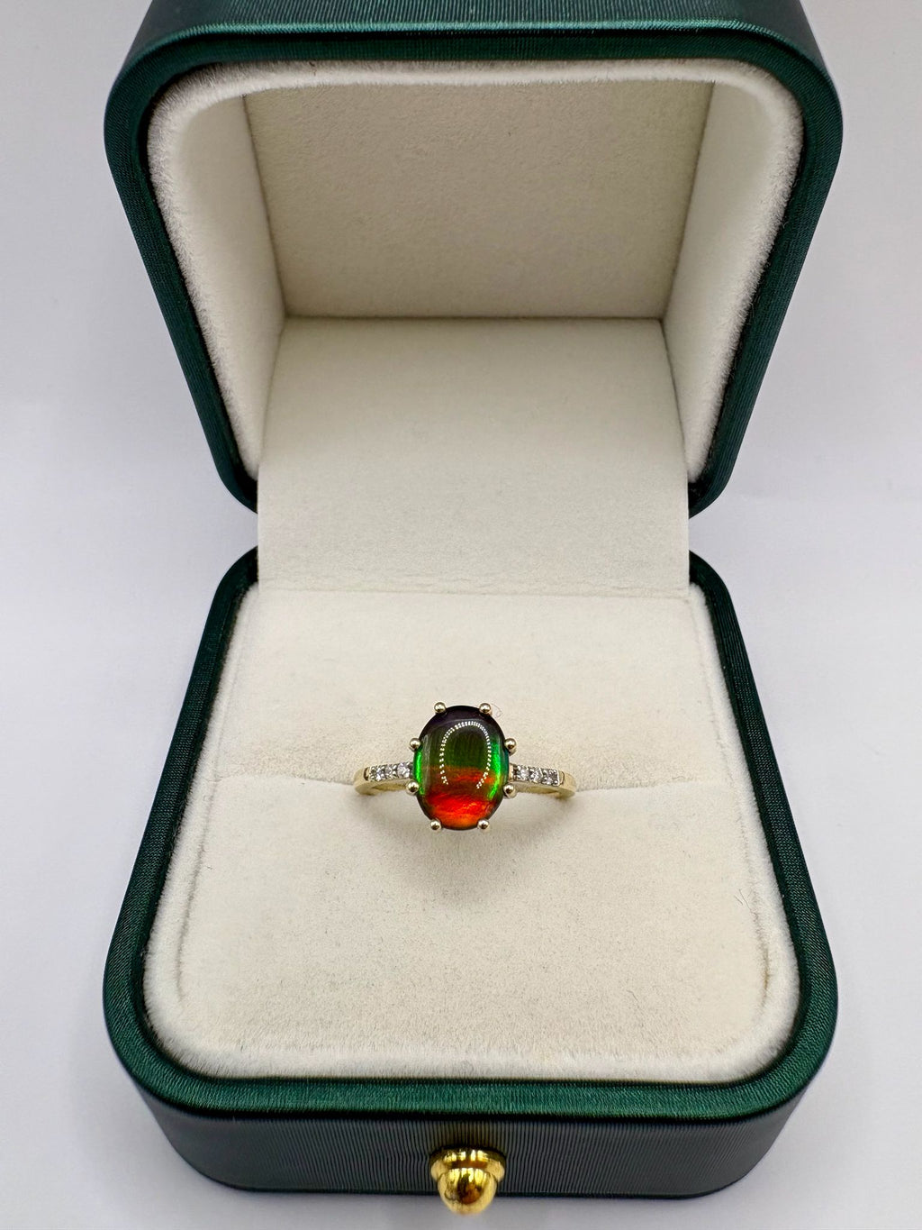 9ct gold ammolite and diamond ring