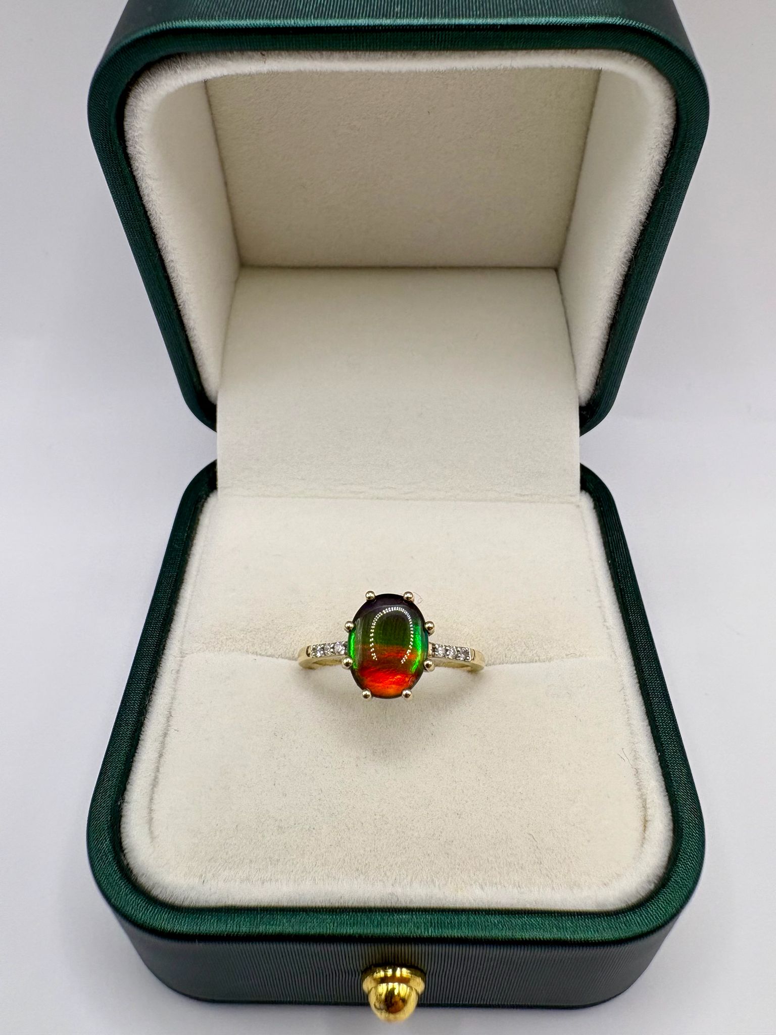 9ct gold ammolite and diamond ring