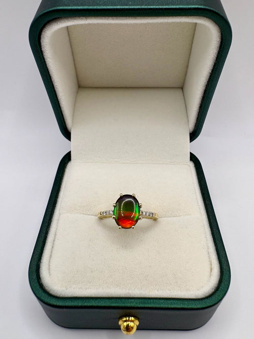 9ct gold ammolite and diamond ring
