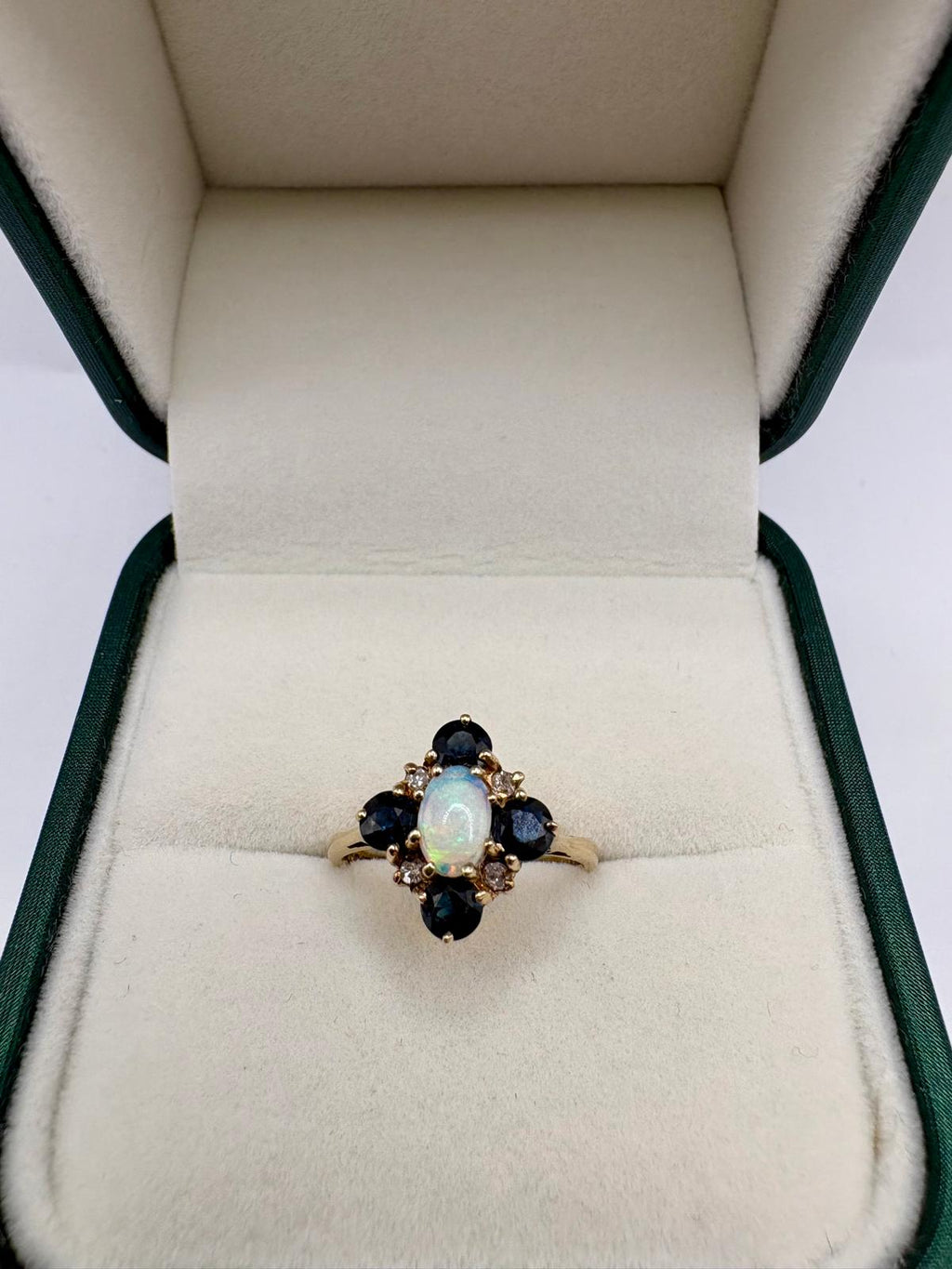 9ct gold opal, sapphire and diamond ring