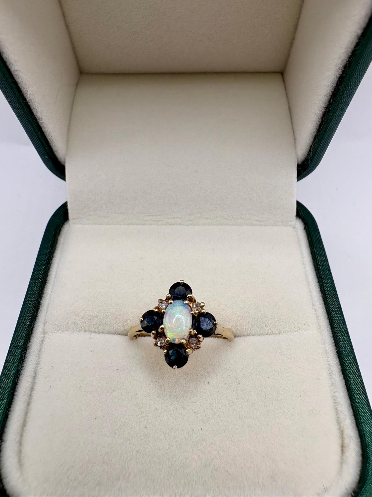 9ct gold opal, sapphire and diamond ring