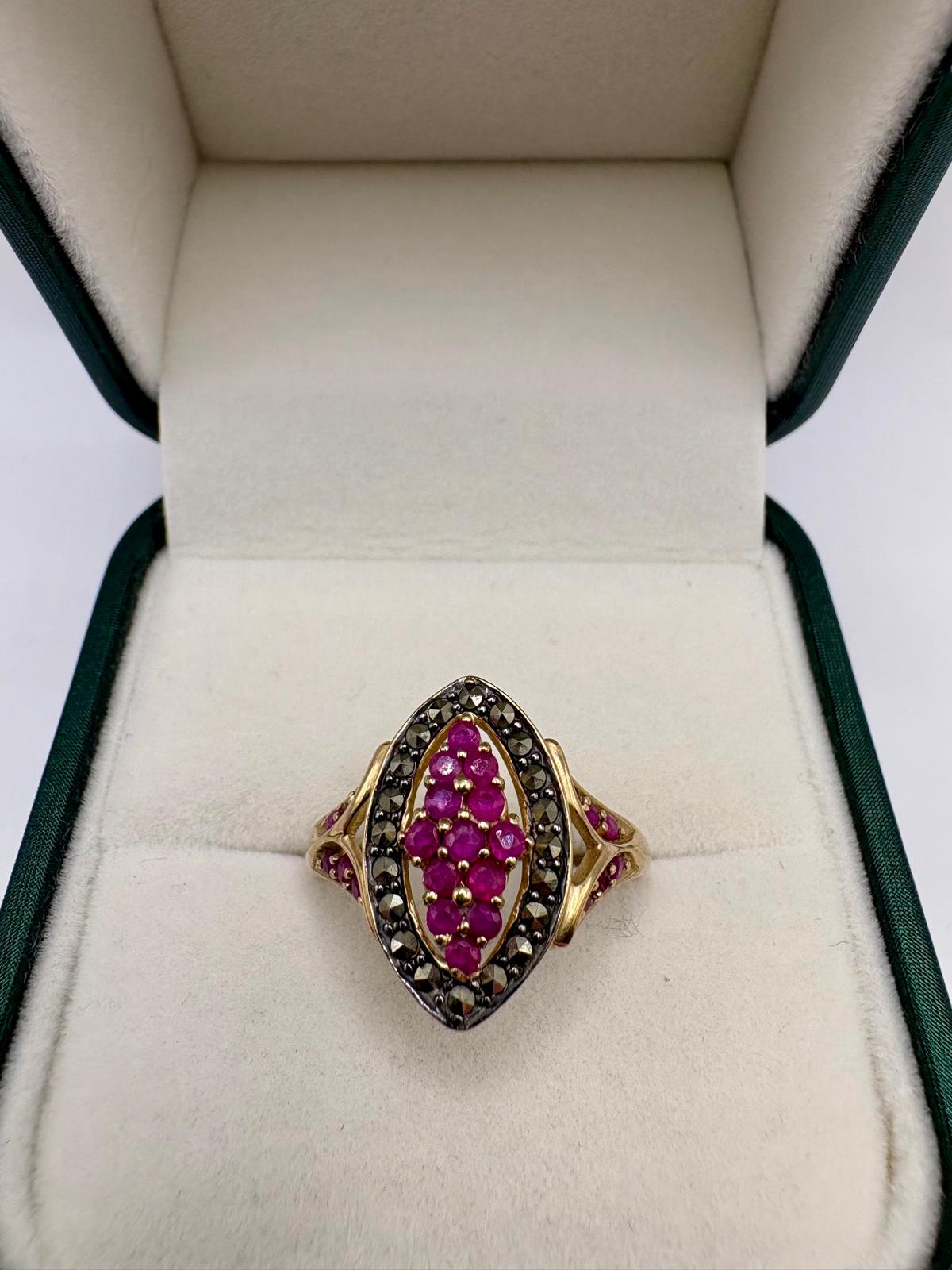9ct gold heavy ruby and marcasite ring