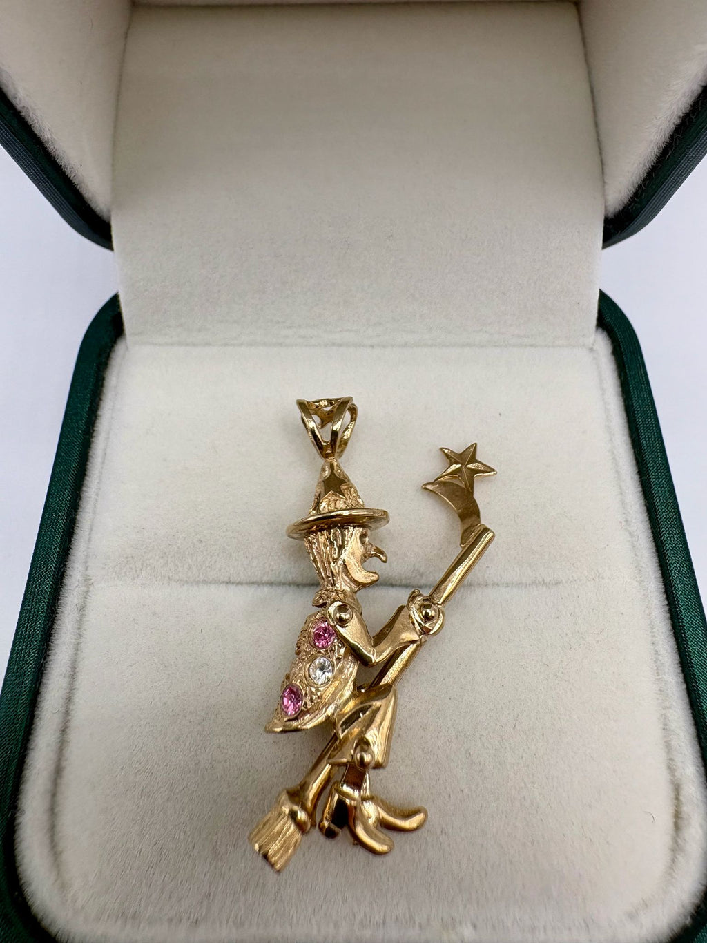9ct gold cz witch articulated witch pendant