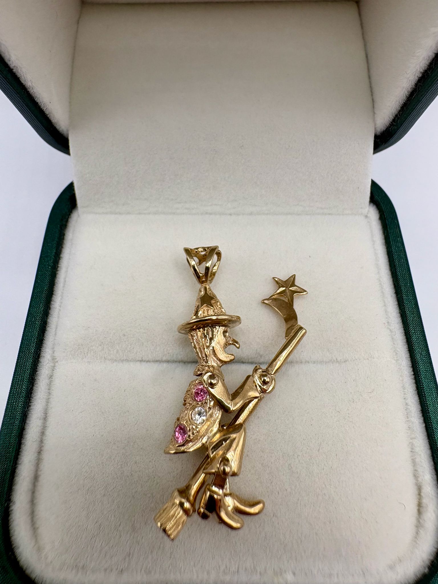 9ct gold cz witch articulated witch pendant